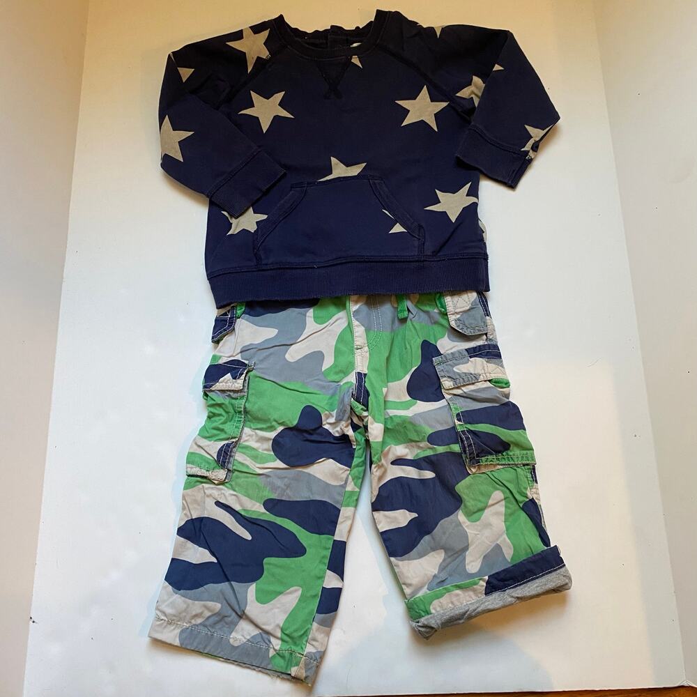 Baby Boden Blue Star Sweatshirt & Camo Jersey Lined Pants Outfit